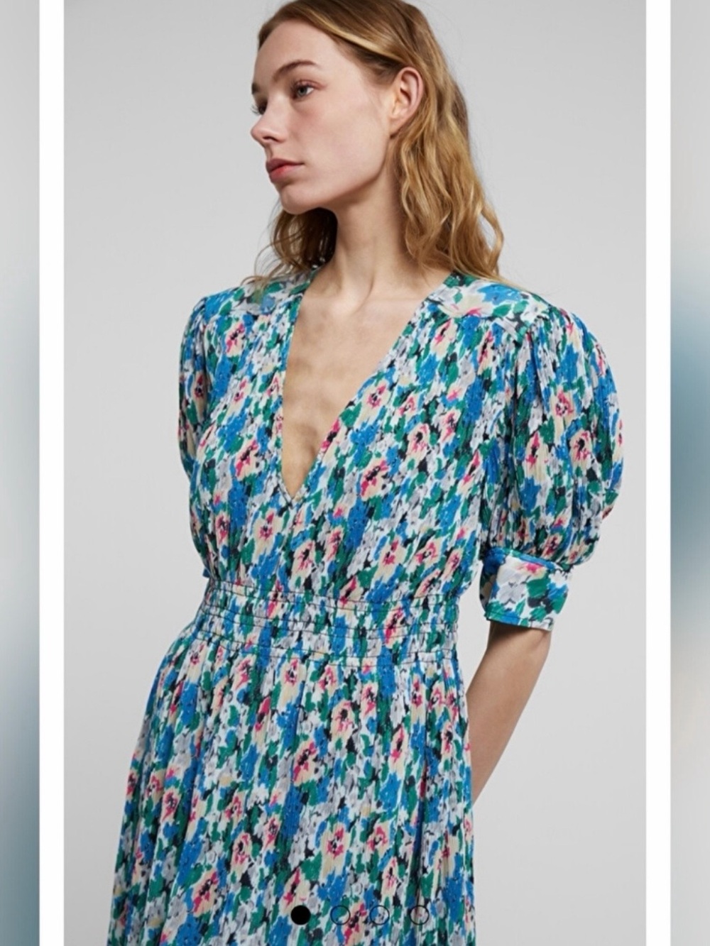 Ganni Blue Floral V-Neck Midi Dress with Puff Sleeves